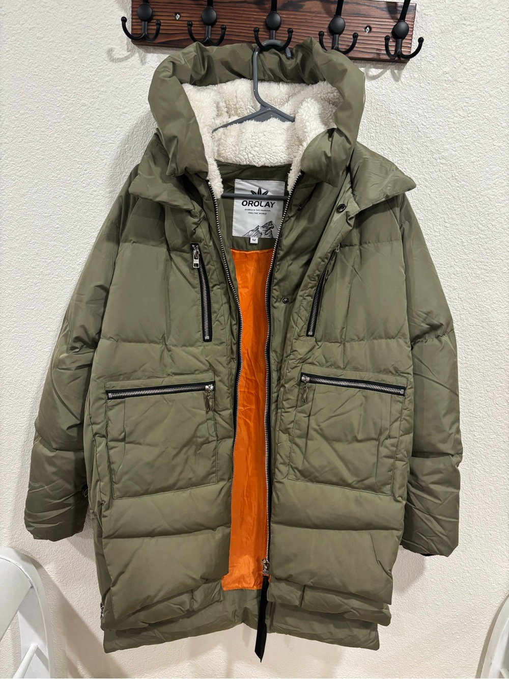 OROLAY Women Thickened Olive Green Puffer Coat with Sherpa Hood & Orange Lining